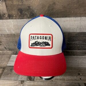 Patagonia Trucker Hat Red White Blue Mesh Cap Mountains Logo Adjustable